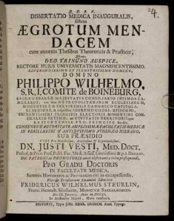 Dissertatio Medica Inauguralis, sistens Aegrotum Mendacem : cum annexis Thesibus Theoreticis & Practicis