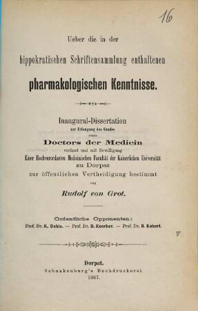 Ueber die in der hippokratischen Schriftensammlung enthaltenen pharmakologischen Kenntnisse