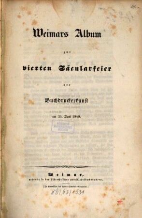 Weimar's Album zur vierten Säcularfeier der Buchdruckerkunst am 24. Juni 1840