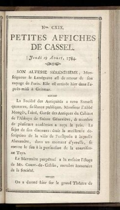No CXIX (Jeudi 19 Aoust 1784)