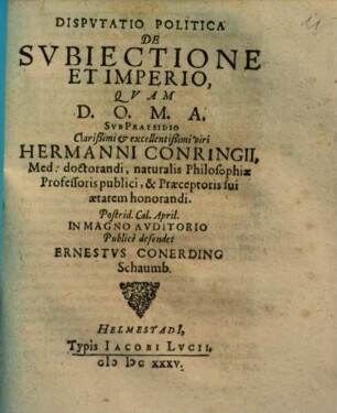 Disputatio politica de subiectione et imperio