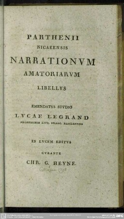 Parthenii Nicaeensis Narrationum Amatoriarum Libellus