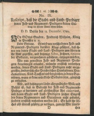 No. IX. Rescript, da- die Stadt- und Land-Prediger denen Feld- und Regiments-Predigern keinen Eintrag in ihrem Amte thun sollen