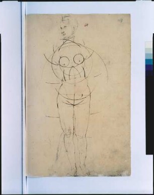 Blatt 163r: Proportionsstudie zu einer weiblichen Figur : Skizzenbuch von Albrecht Dürer. Blatt 163r: Proportionsstudie zu einer weiblichen Figur im Profil. Papier, Feder, Tusche; 29,4 x 20,5 cm (Blattgröße). Bezeichnet 1509. Dresden: SLUB Mscr.Dresd.R.147.f