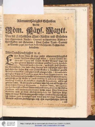 Allertunerthänigstes Schreiben An die Röm. Käys. Maytt.
