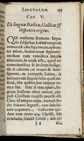 Cap. V. De linguæ Italicæ, Gallicæ & Hispanicæ origine.