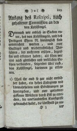 Auszug des Rescripti, nach gehaltener Commission an den von Kohlstengel.