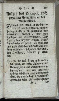 Auszug des Rescripti, nach gehaltener Commission an den von Kohlstengel.