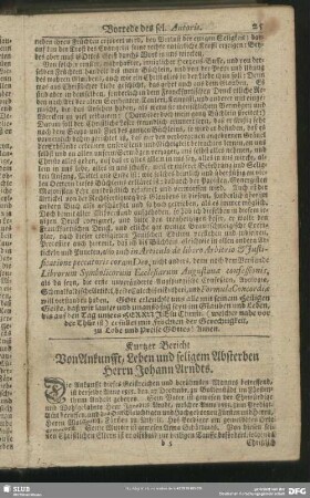 Kurtzer Bericht Von Ankunfft, Leben und seligem Absterben Herrn Johann Arndts