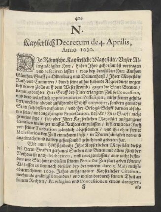 N. Kayserlich Decretum de 4. Aprilis, Anno 1630.