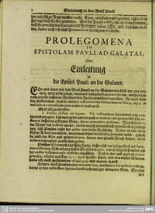 Prolegomena In Epistolam Pauli Ad Galatas; oder: Einleitung in die Epistel Pauli an die Galater