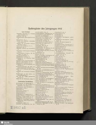 Sachregister des Jahrganges 1910