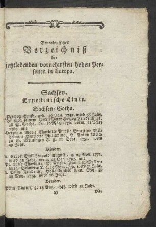 Genealogisches Verzeichniß der jetztlebenden vornehmsten hohen Personen in Europa.