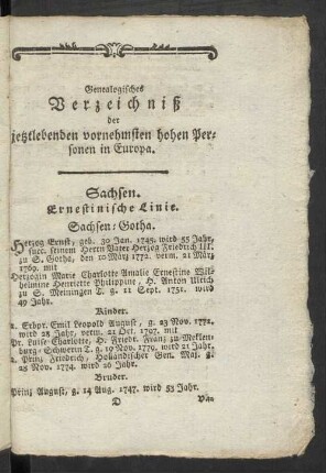 Genealogisches Verzeichniß der jetztlebenden vornehmsten hohen Personen in Europa.