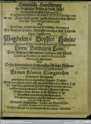 Himmlische Heimführung der geistlichen Braut ...