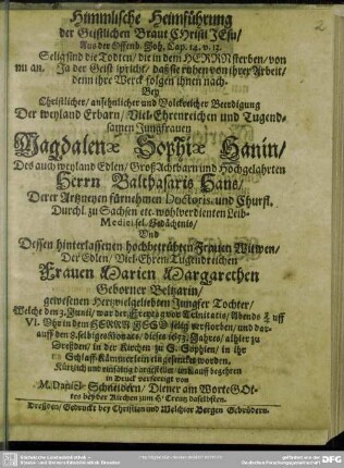 Himmlische Heimführung der geistlichen Braut ...