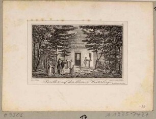 Der Pavillon auf dem Kleinen Winterberg in der Sächsischen Schweiz mit Inschrifttafel über der Tür