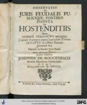 Dissertatio Ex Juris Feudalis Publicique Fontibus Hausta De Hostenditiis