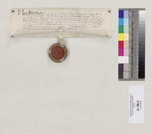 Albert, Bischof von Regensburg, quittiert Abt Placidus von St. Emmeram über zehn Pfund Regensburger Pfennige für die dem Bischof von Regensburg auf päpstliche Weisung jährlich geschuldeten 30 Pfund kleiner Turnosen (Turonensium parvorum). S=A