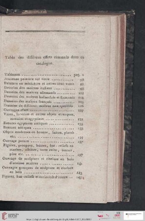Table des differens effets contenus dans ce catalogue
