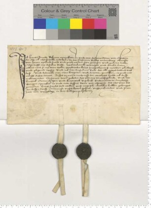 Hans Smedt erklärt dem Rat alle seine Ansprüche als reitender Schmied und Pferdearzt für befriedigt. Es besiegeln die Ratsmannen Hinr. Gronehagen und Hartwich Vischule.