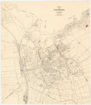 Erweiterung der Friedhöfe, Stolp: Grundriss-Plan der Stadt Stolp mit Grundstücksgrenzen 1:5000, Maßstabsleiste, Korrekturen