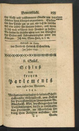 II. Stück. Schluß des freyen Parlements ...