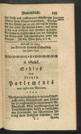 II. Stück. Schluß des freyen Parlements ...