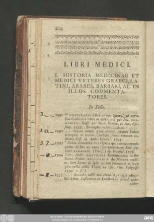 I. Historia Medicinae Et Medici Veteres Graeci, Latini, Arabes, Barbari, Ac In Illos Commentatores.