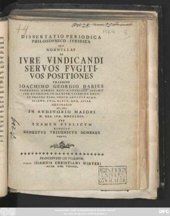 Dissertatio Periodica Philosophico-Ivridica Qva Nonnvllas De Ivre Vindicandi Servos Fvgitivos Positiones