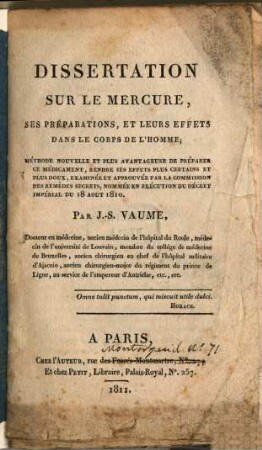 Dissertation sur le mercure, ses préparations, et leurs effets dans le corps de l'homme