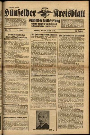 Erste Ausgabe vom Freitag, den 20. Juni 1941.