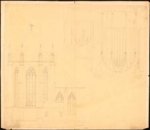 St. Martin, Lorch: Perspektivische Außenansicht des Chores mit Kirchenfenstern mit hochgotischem Maßwerk mit drei Vierpässen, Querschnitt mit Blick in den Chor, Maßstabsleiste (Meter und Fuß)