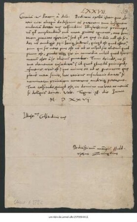 Brief von Ulrich Zwingli an Johann (Sachsen, Kurfürst)