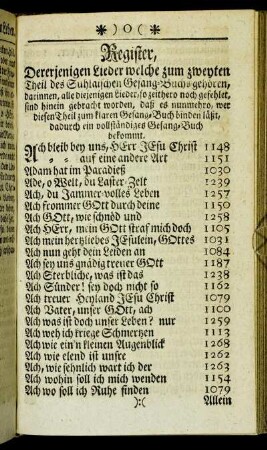 Register, Dererjenigen Lieder welche zum zweyten Theil des Suhlaischen Geang-Buchs gehören,[...]