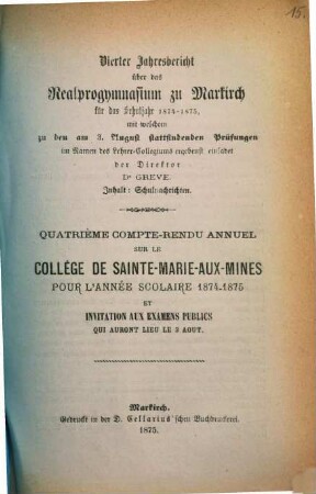 Jahresbericht über das Realprogymnasium zu Markirch : Schuljahr ..., 4. 1874/75