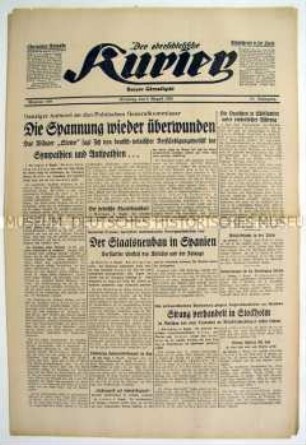 Regionale deutschsprachige Tageszeitung "Der oberschlesische Kurier" überwiegend zu außenpolitischen Fragen im Vorfeld des 2. Weltkrieges