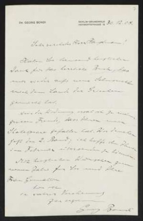 Brief von Georg Bondi an Gerhart Hauptmann