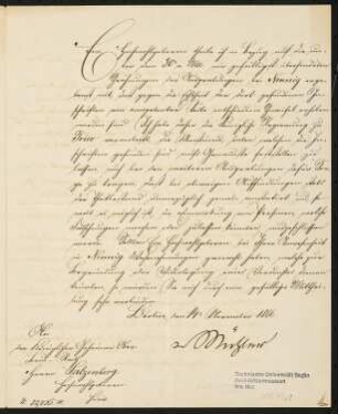 Schriftstück an den Königlichen Geheimen Oberbaurat Salzenberg vom 14. November 1866: Schreiben an Salzenberg, zwei Seiten Antwort von W.S. Inv.Nr. 60246,2 und 3