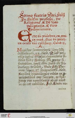 Sermo fratris Petri Stöß In Salem professi. De Religione, & De Voto paupertatis, & Vicio proprietatis