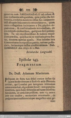 Epistolae 143. Fragmentum ad Dn. Doct. Adamum Mieslerum