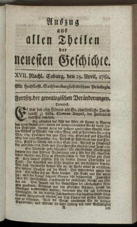 XVII. Nachl. Coburg, den 25. April, 1761.