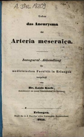Ueber das neurysma der Arteria meseraica : Inaugural-Abhandlung der medicinischen Fakultät in Erlangen
