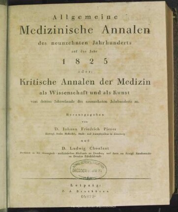 1825: Allgemeine medizinische Annalen des neunzehnten Jahrhunderts