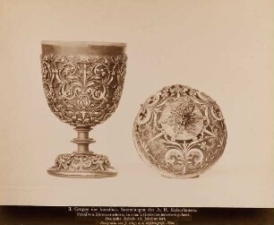 Pokal von Rhinoceroshorn, in emaill. Goldschmiedewerk gefasst. Deutsche Arbeit. 16. Jahrhundert.