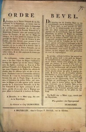 Ordre L'Intention de la Nation Française & des Représentans de la République, ... : = Bevel De meyning van de Fransche Natie ...