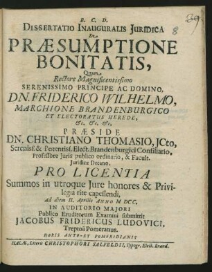 Dissertatio Inauguralis Iuridica De Praesumptione Bonitatis