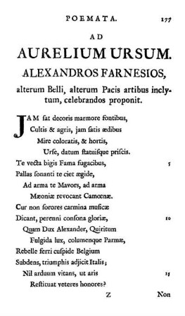 Ad Aurelium Ursum. Alexandros Farnesios, alterum Belli, alterum Pacis artibus inclytum, celebrandos proponit.