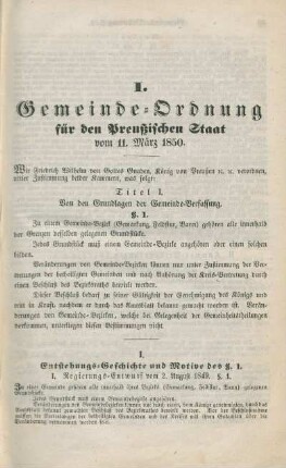 I. Gemeinde-Ordnung für den Preußischen Staat vom 11. März 1850.