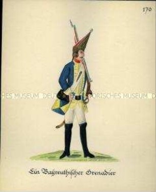 Uniformdarstellung, Grenadier, Fürstentum Bayreuth, 1760/1761. Kopie der Originaltafel 170 aus Becher: Wahrhaftige Nachrichten.